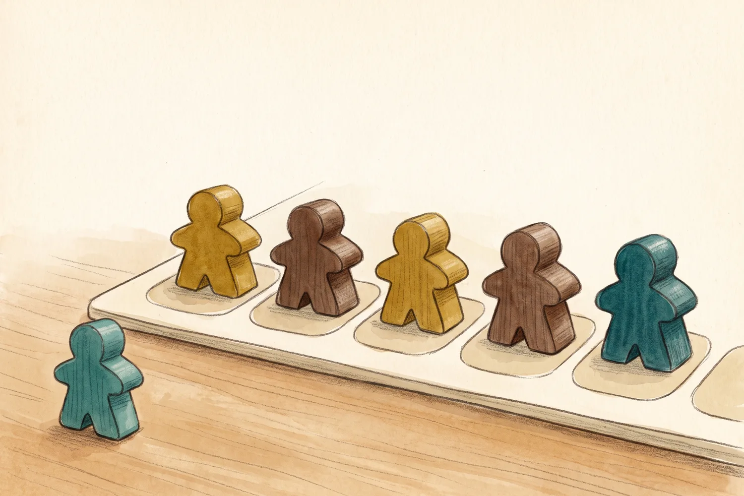 A row of board spaces with a wooden worker standing in every one, and a single teal worker left on the table beside them.