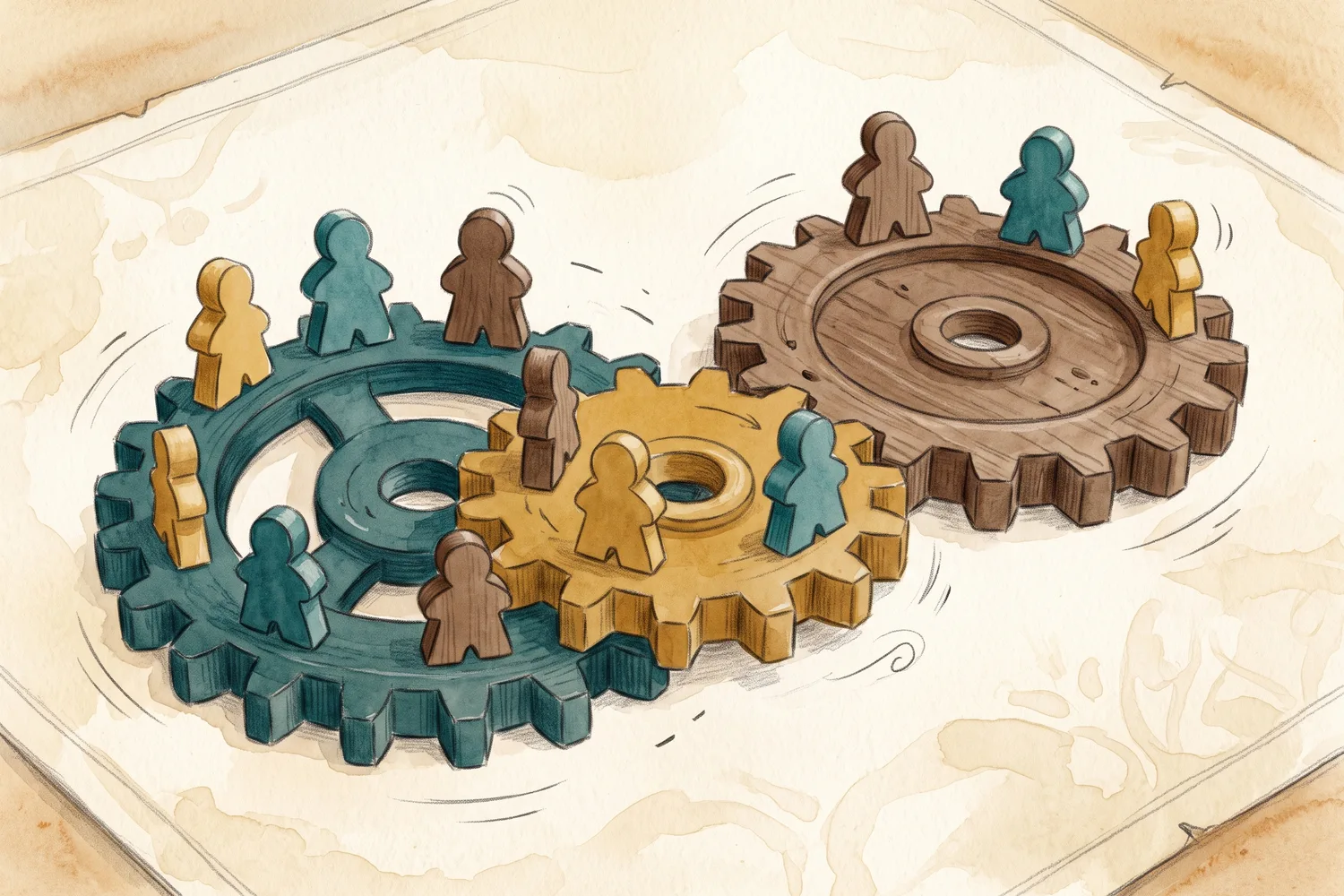 Wooden meeples standing in notches around three interlocking wooden gears on a board.