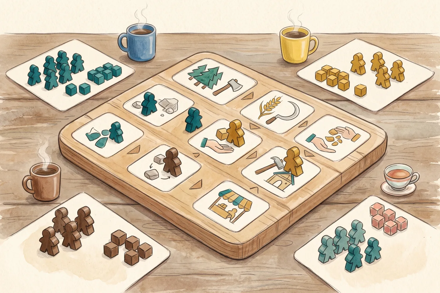 Overhead view of a worker placement board mid-game, with each player's supply of wooden workers and resources laid out around it.