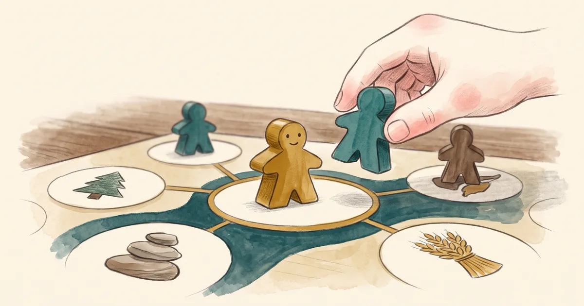 A hand lowering a teal wooden worker towards a board space that another player's worker is already standing in.